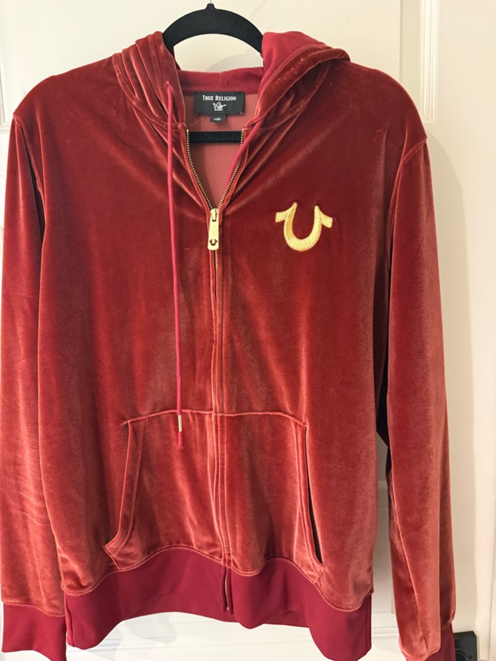 True Religion Red Velvet Zip Hoodie joggers set with Gold Logo